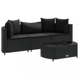 Set mobilier de gradina cu perne, 4 piese, negru, poliratan