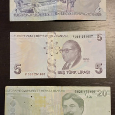 Lot 3 bancnote Turcia - 5/20 Lire 2009 și 5 Lire 1970