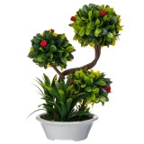 Decoratiune planta 3 Bonsai cu ghiveci alb, culoarea verde, 25x15 cm, ConceptSeller, Oem