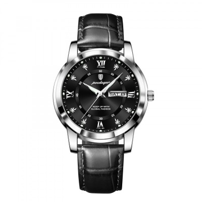 Ceas barbatesc Poedagar Cronograf Elegant Casual Calendar Piele Negru Argintiu foto