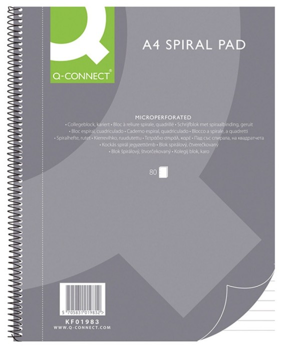 Caiet cu spirala, A4, 80 file - 70g/mp, 4 perf., coperti carton, Q-Connect -