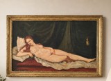 Pictura veche realizată &icirc;n ulei pe p&acirc;nză o reprezentare a temei clasice a nudului feminin &icirc;ntins