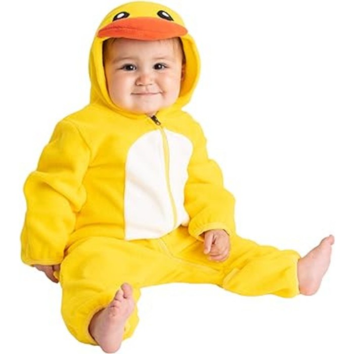 Salopeta pentru copii cu gluga, din fleece, pufoasa, calduroasa, design vesel cu rata, ideala pentru fi purtata ca pijama si in exterior in anotimpul