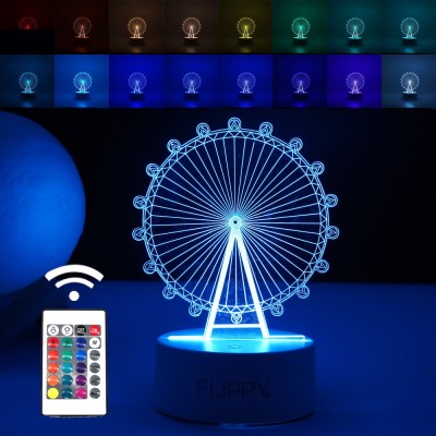 Lampa LED decorativa, Flippy, 3D, Roata Panoramica, cu telecomanda, doua moduri de alimentare USB si baterii, 20 cm inaltime, din material acril si lu foto