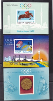 ROMANIA 1972 OLIMPIADA MUNCHEN SET COMPLET 3 COLITE NEDANTELATE MNH. foto