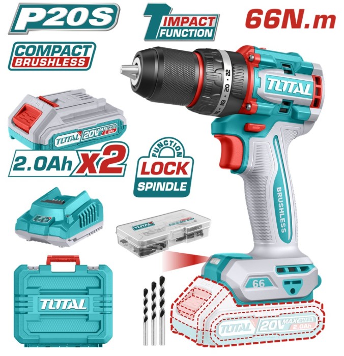 TOTAL - MASINA DE GAURIT CU PERCUTIE - 20V-2AH - MOTOR FARA PERII (INCLUDE 2 ACUMULATORI, 1 INCARCAT PowerTool TopQuality
