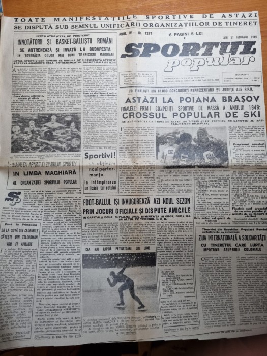 sportul popular 21 februarie 1949-gimnastica,sah,patinaj in cismigiu,handball