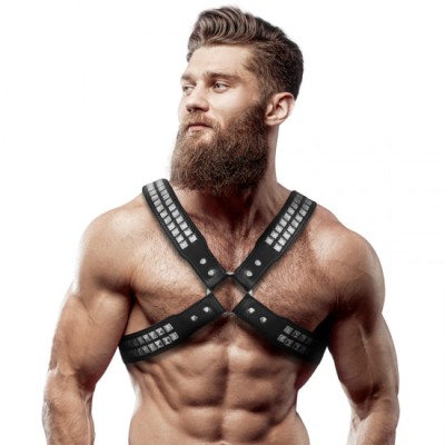 FETISH SUBMISSIVE ATTITUDE - MENS CROSSED CHEST ECO-LEATHER HARNESS WITH RIVETS foto