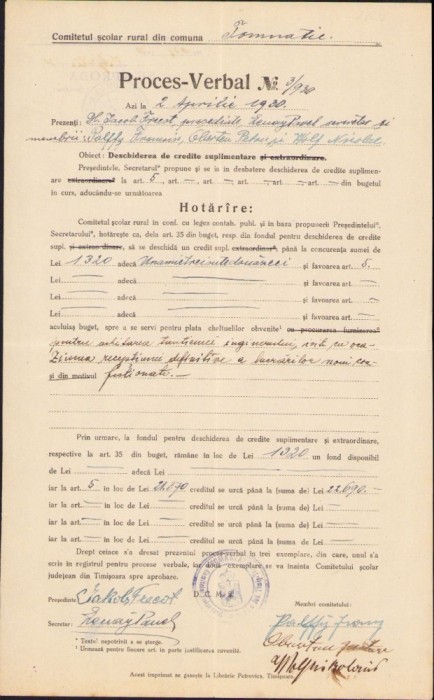 A1545 Act școala Tomnatic, județul Timiș, 1930