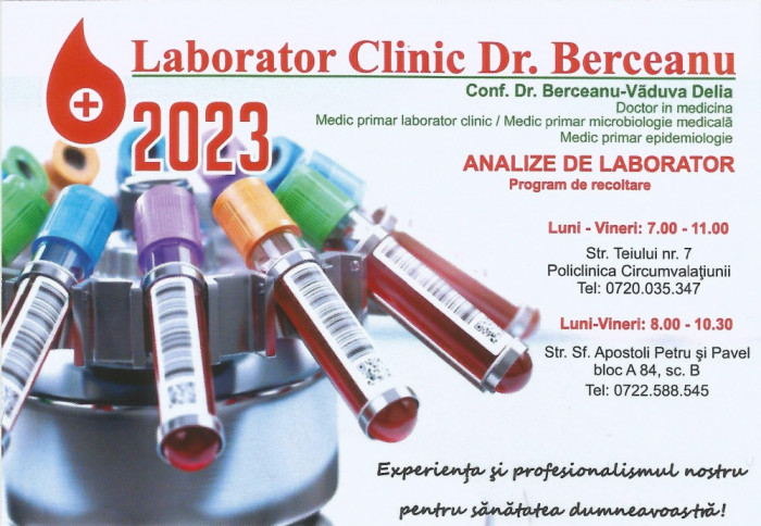 Romania, Laborator Clinic Dr. Berceanu, 2023, calendar de buzunar
