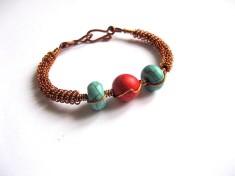 Bratara cupru emailat, pietre turcoaz si howlite rosu, bratara femei 27638
