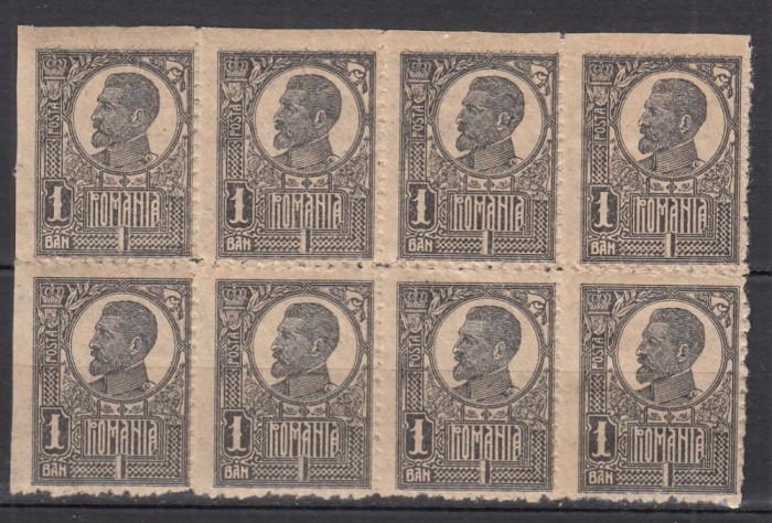 ROMANIA 1919/1922 LP 72 REGELE FERDINAND BUST MARE 1BAN NEGRU HARTIE DE RAZBOI EROARE NEDANTELAT PE DOUA LATURI ORIZONTAL+VERTICAL BLOC 8 TIMBRE MNH