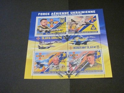 Coliță Filatelică Niger 2022 - Forțele Aeriene Ucrainene, Zelensky &amp;amp; Avioane Militare, 4 Timbre Obliterate 1000F foto