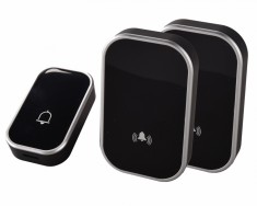 Sonerie fara fir 1 transmitator - comutator cu baterie 12V (1 buton) si 2 receptoare negre ( 2 sonerii) la priza , IP44