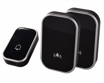 Sonerie fara fir 1 transmitator - comutator cu baterie 12V (1 buton) si 2 receptoare negre ( 2 sonerii) la priza , IP44 foto