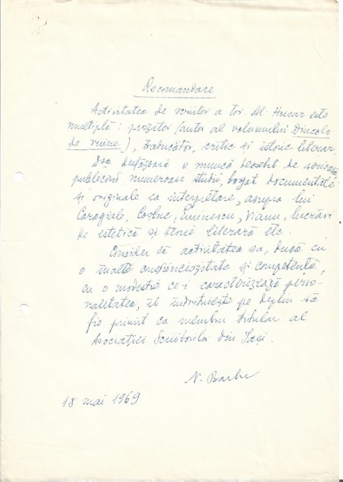 A3580N Nicolae Barbu, act scris și semnat olograf, 1969, Iași
