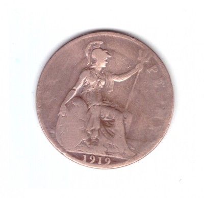 Moneda Marea Britanie 1 penny 1919, uzata, curata foto