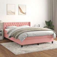 vidaXL Pat box spring cu saltea, roz, 140x190 cm, catifea foto