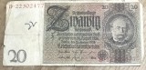 BNKSTR02DE Bancnotă Germania 20 Reichsmark 1929, Serie Roșie, Stare VG (Uzată, Scrisă cu Pixul pe Margine, Colțuri și Margini Tocite)