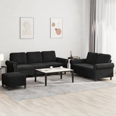 vidaXL Set de canapele cu perne, 3 piese, negru, catifea foto