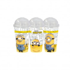 Pahar din plastic cu pai, Model Minions, 450ml