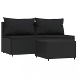 Set mobilier de gradina cu perne, 3 piese, negru, poliratan