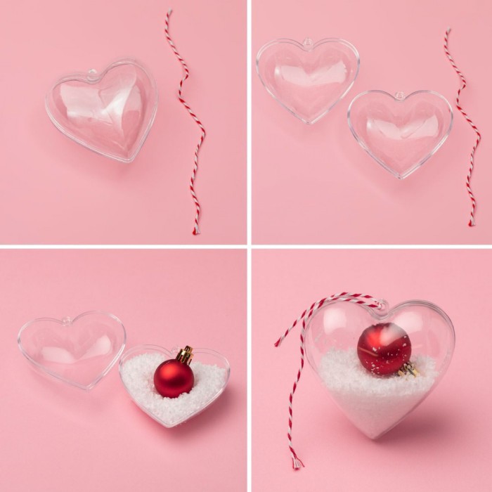 Globuri Crăciun, Set 4 Bucăți, Inimă Transparentă, 8 cm, Plastic