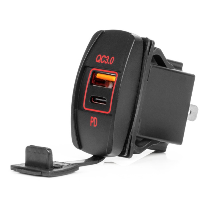 Priza cu 2 USB, cu LED rosu, 12-24V, USB + USB-C QC3.0 12V 24V, incastrabila, rezistent la apa AutoDrive ProParts