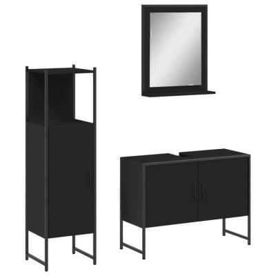 Set dulapuri de baie, 3 piese, negru, lemn prelucrat foto