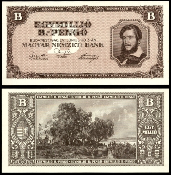 UNGARIA UN MILION DE BILIOANE Pengo 1946 Egymilli&oacute; B Pengő KOSSUTH LAJOS SUPERINFLATIE UNC