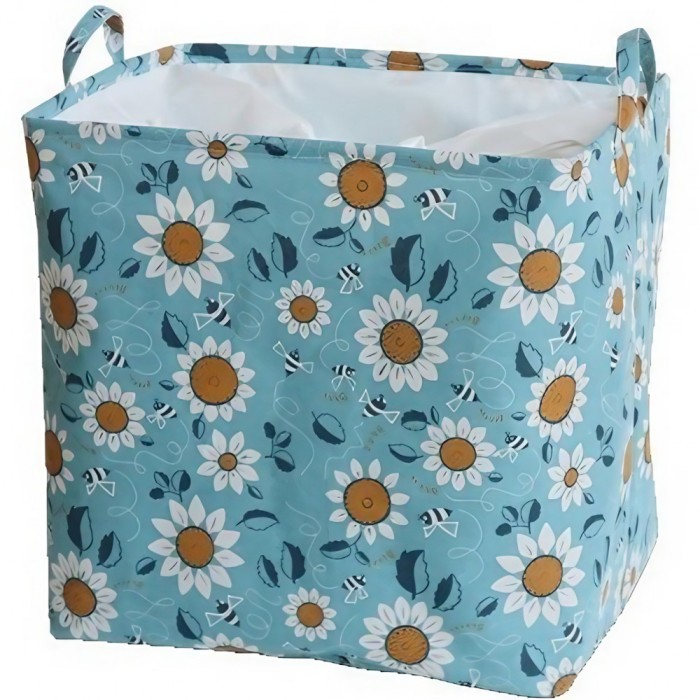 Cos depozitare, flippy, capac cu snur, 175 l, confectionat din bumbac si un strat impermeabil, 50x50x70 cm, albastru deschis, imprimeu flori