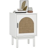 HOMCOM Noptieră cu Ușă din Răchită Raft Reglabil și Picioare din Lemn Stil Bohem 40x35x58 cm Alb | Aosom Romania