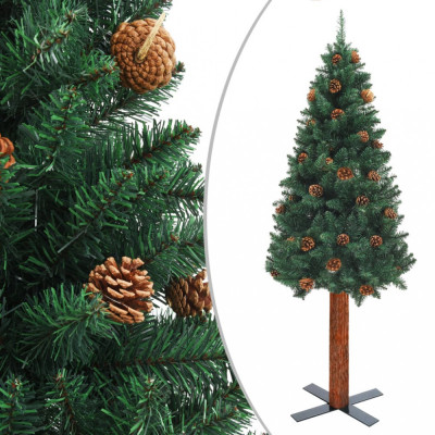 Pom Crăciun artificial subțire lemn și conuri verde 150 cm PVC foto