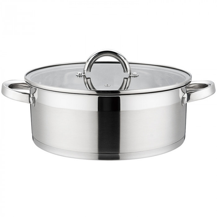 Cratita joasa din inox Grunberg, compatibila cu plita cu inductie, 22 cm, 3 l, capac din sticla