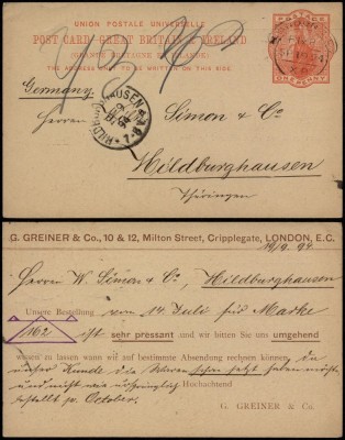 Great Britain 1892 Preprinted stationery London to Hildburghausen DB.001 foto