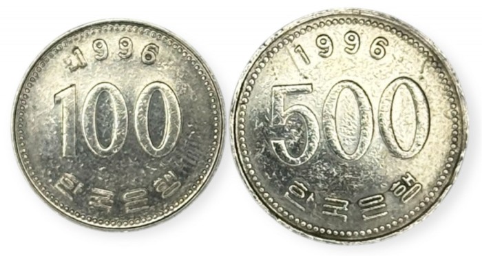 Coreea de Sud , lot 15 - 100 + 500 Won 1996