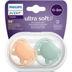 Set 2 suzete Philips-Avent SCF091/03, ultra soft 0-6 luni, Ortodontice, fara BPA, Verde/Portocaliu