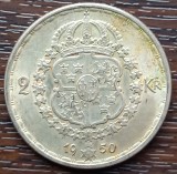 (A950) MONEDA DIN ARGINT SUEDIA - 2 KRONOR 1950, LIT. TS, REGELE GUSTAV V