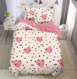 Cumpara ieftin Lenjerie Pat Bumbac cu Elastic, 4 Piese, Alb/Roz, 200x155/140cm - Set Pilota + Cearceaf + 2 Fete Perna