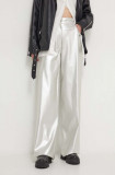 HUGO pantaloni femei, culoarea argintiu, lat, high waist 50516528
