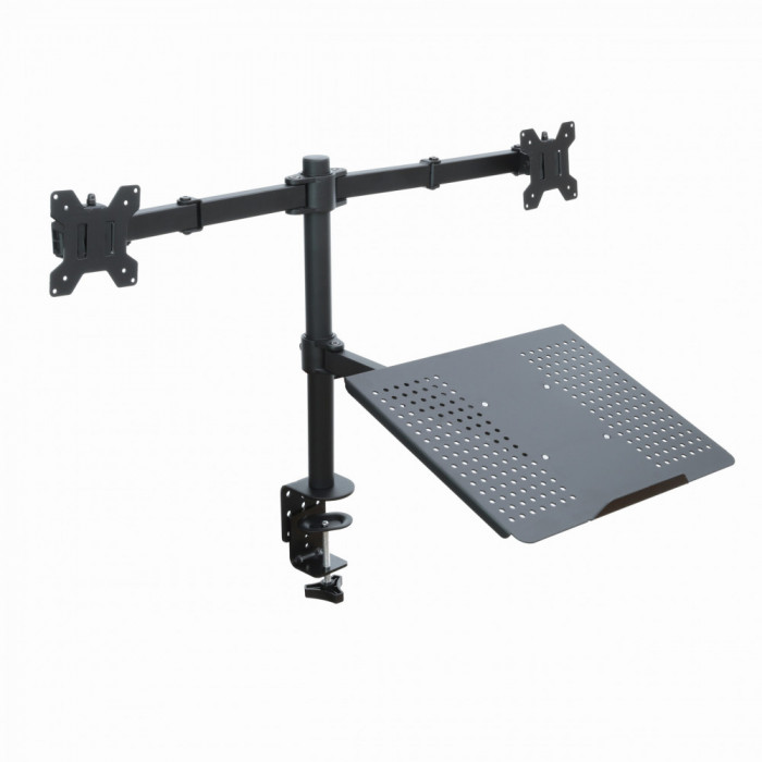 Suport Birou pentru 2 Monitoare 13&rdquo;-27&rdquo; cu Raft pentru Laptop &ndash; Organizare și Ergonomie