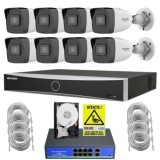 Sistem supraveghere complet Hikvision HiWatch cu functii inteligente, 8 camere 4MP, IR 30m, PoE, NVR 8 canale AcuSense, HDD 1TB, Accesorii montaj Safe