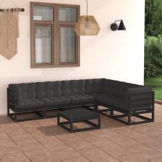 vidaXL Set mobilier grădină cu perne, 7 piese, negru, lemn masiv pin