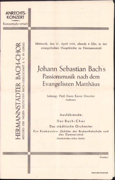 A2477N Hermanst&auml;dter Bach-Chor, Anrechts-Konzert, program, 1935, Sibiu