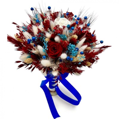 Buchet nasa sau mireasa, elegant cu trandafiri criogenati si plante naturale uscate - Culori vibrante, durabilitate exceptionala foto