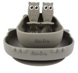 Set complet de hranire si diversificare pentru copii si bebelusi din silicon alimentar, farfurie si bol cu ventuza, tacamuri, furculita si lingurita c