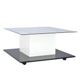 Măsuță de cafea modernă din sticlă lucioasă cu bandă LED reglabilă și roți pivotante, 80&times;80&times;40 cm, Alb+Negru