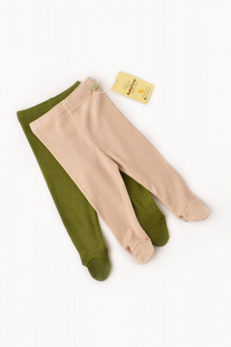 Set 2 pantaloni cu botosei bebe unisex din bumbac organic si modal - Verde/Blush, BabyCosy (Marime: 0-3 Luni)