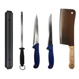 Cumpara ieftin Set profesional de macelarie, injunghiat, filetat, feliat, 2 cutite, masat pentru ascutit, satar, suport magnetic
