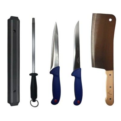 Set profesional de macelarie, injunghiat, filetat, feliat, 2 cutite, masat pentru ascutit, satar, suport magnetic foto